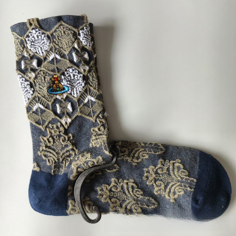 Japanese Style Cotton Mid-Calf Socks with Embroidery