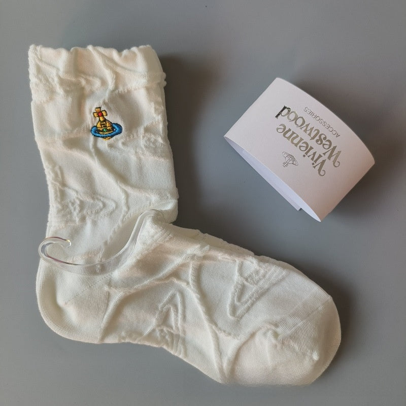 Japanese Style Cotton Mid-Calf Socks with Embroidery
