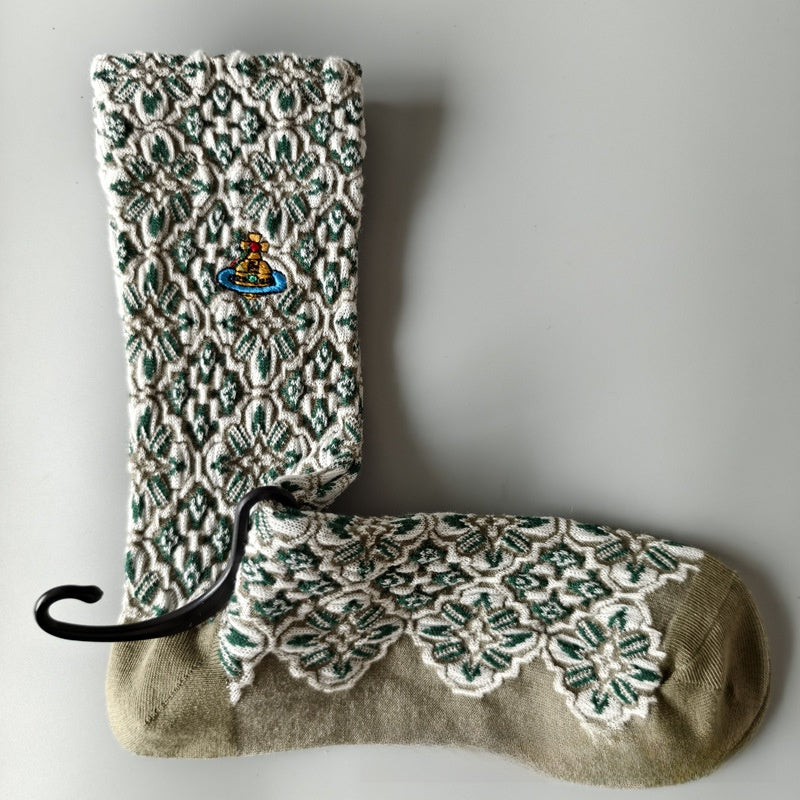 Japanese Style Cotton Mid-Calf Socks with Embroidery