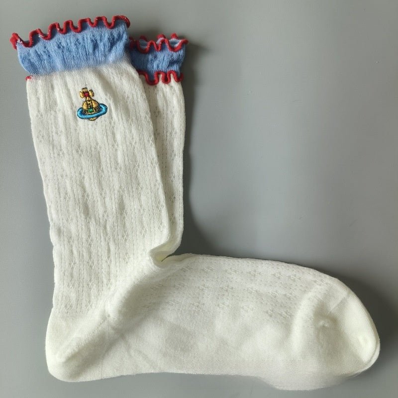 Japanese Style Cotton Mid-Calf Socks with Embroidery