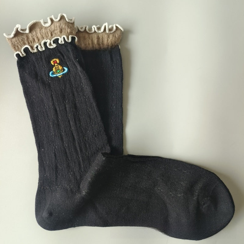 Japanese Style Cotton Mid-Calf Socks with Embroidery