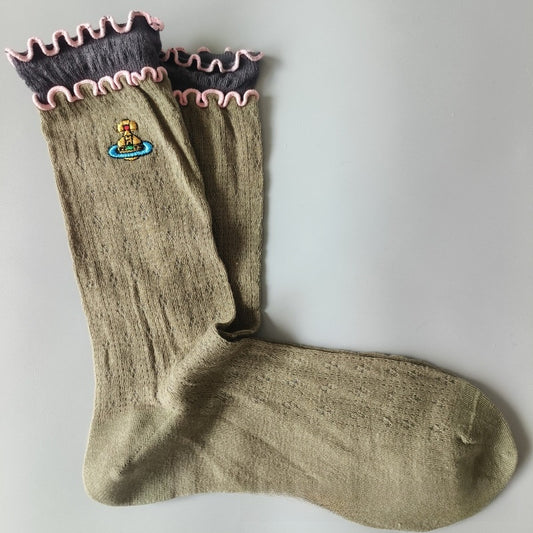 Japanese Style Cotton Mid-Calf Socks with Embroidery