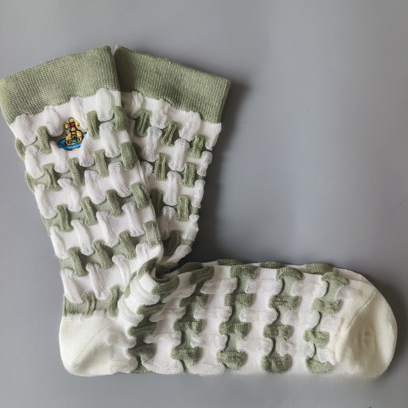 Japanese Style Cotton Mid-Calf Socks with Embroidery