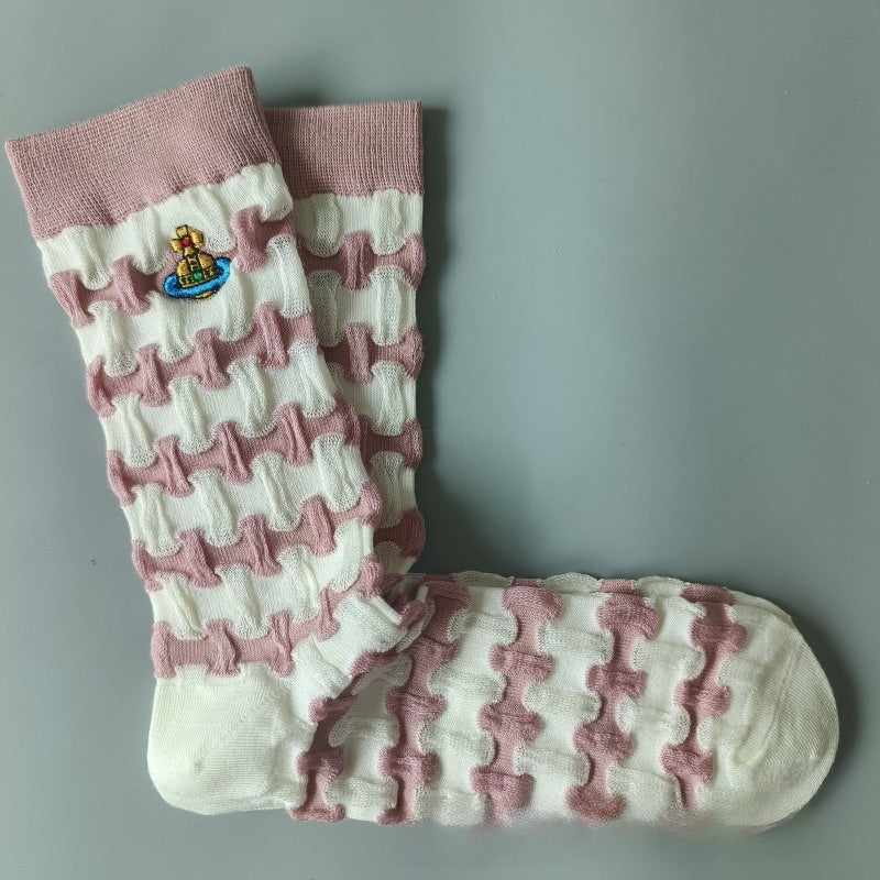 Japanese Style Cotton Mid-Calf Socks with Embroidery