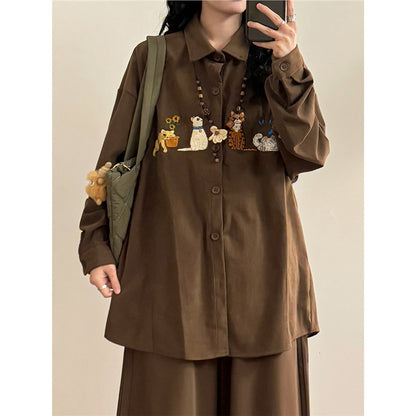 Japanese Style Embroidered Corduroy Long Sleeve Shirt