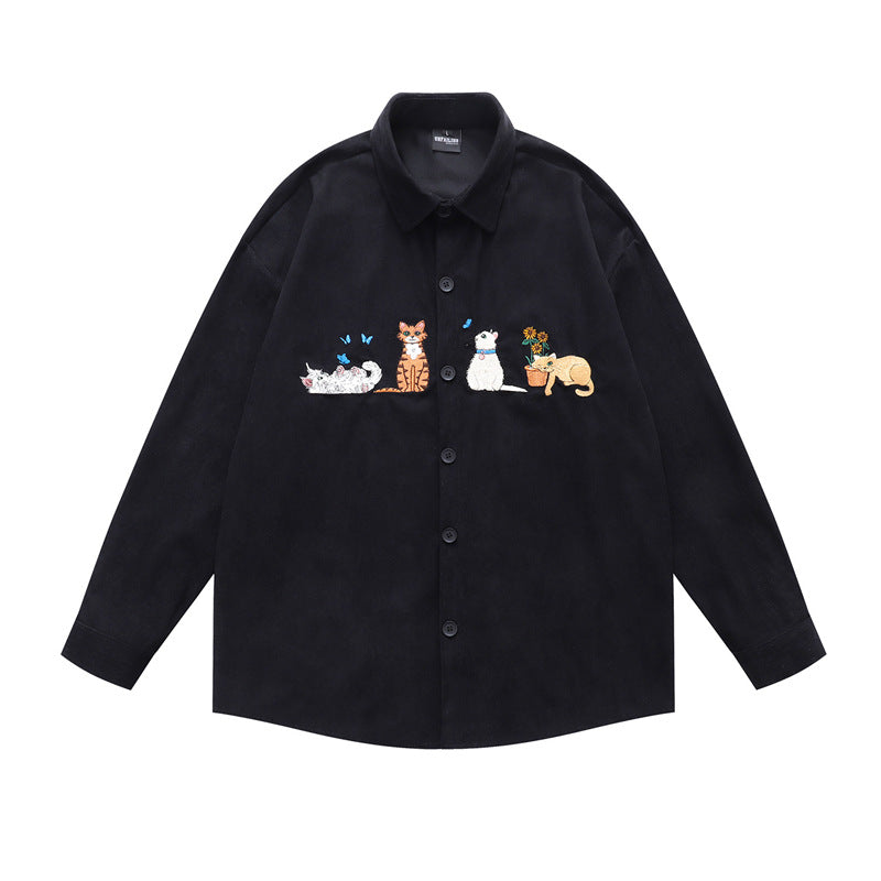 Japanese Style Embroidered Corduroy Long Sleeve Shirt