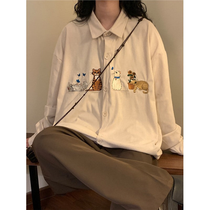 Japanese Style Embroidered Corduroy Long Sleeve Shirt