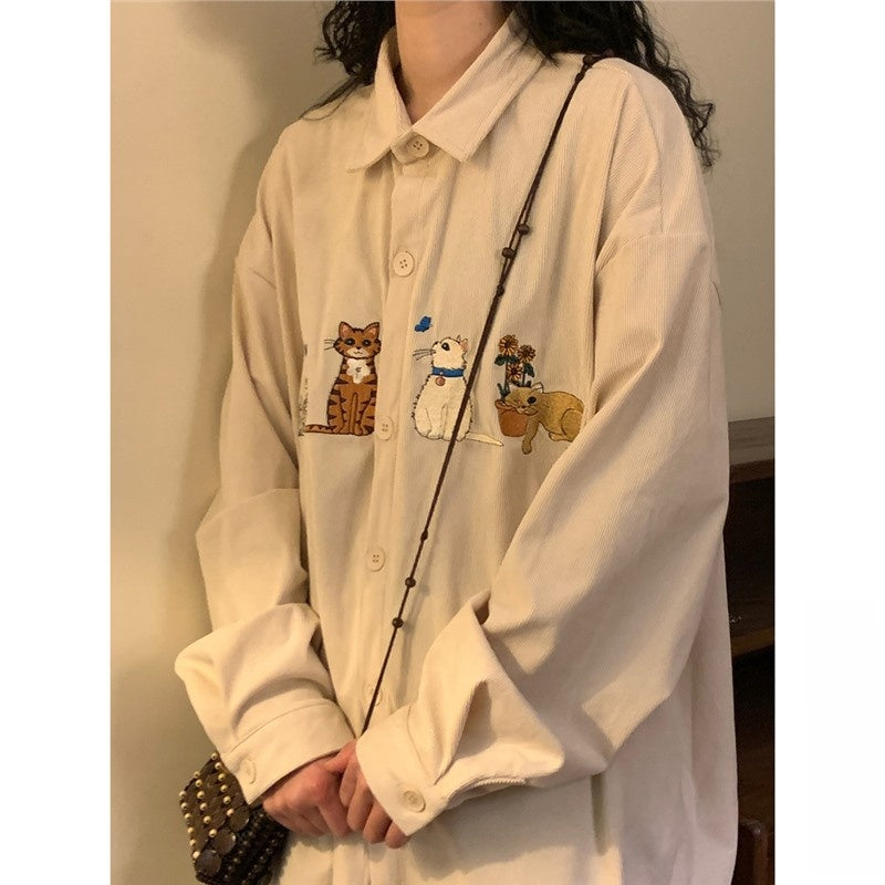 Japanese Style Embroidered Corduroy Long Sleeve Shirt
