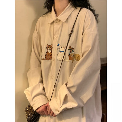 Japanese Style Embroidered Corduroy Long Sleeve Shirt