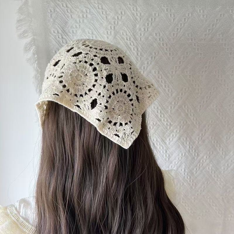 Japanese-Style Handmade Crochet Lace Headscarf for Women, Sweet Korean-Style Triangle Scarf, Knitted Hairband, Hair Accessory