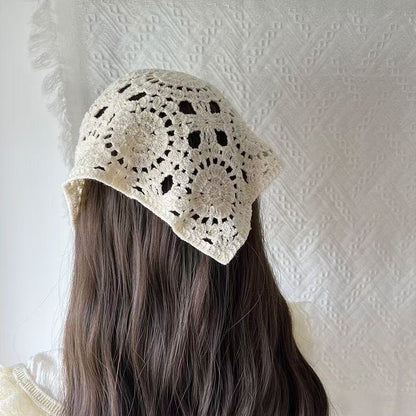 Japanese-Style Handmade Crochet Lace Headscarf for Women, Sweet Korean-Style Triangle Scarf, Knitted Hairband, Hair Accessory
