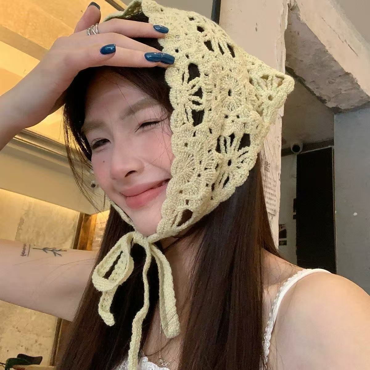 Japanese-Style Handmade Crochet Lace Headscarf for Women, Sweet Korean-Style Triangle Scarf, Knitted Hairband, Hair Accessory