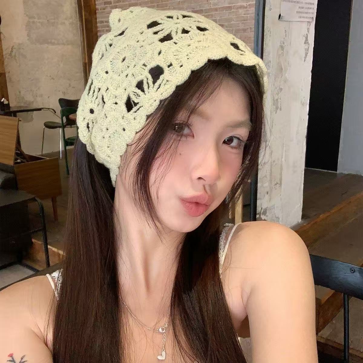 Japanese-Style Handmade Crochet Lace Headscarf for Women, Sweet Korean-Style Triangle Scarf, Knitted Hairband, Hair Accessory