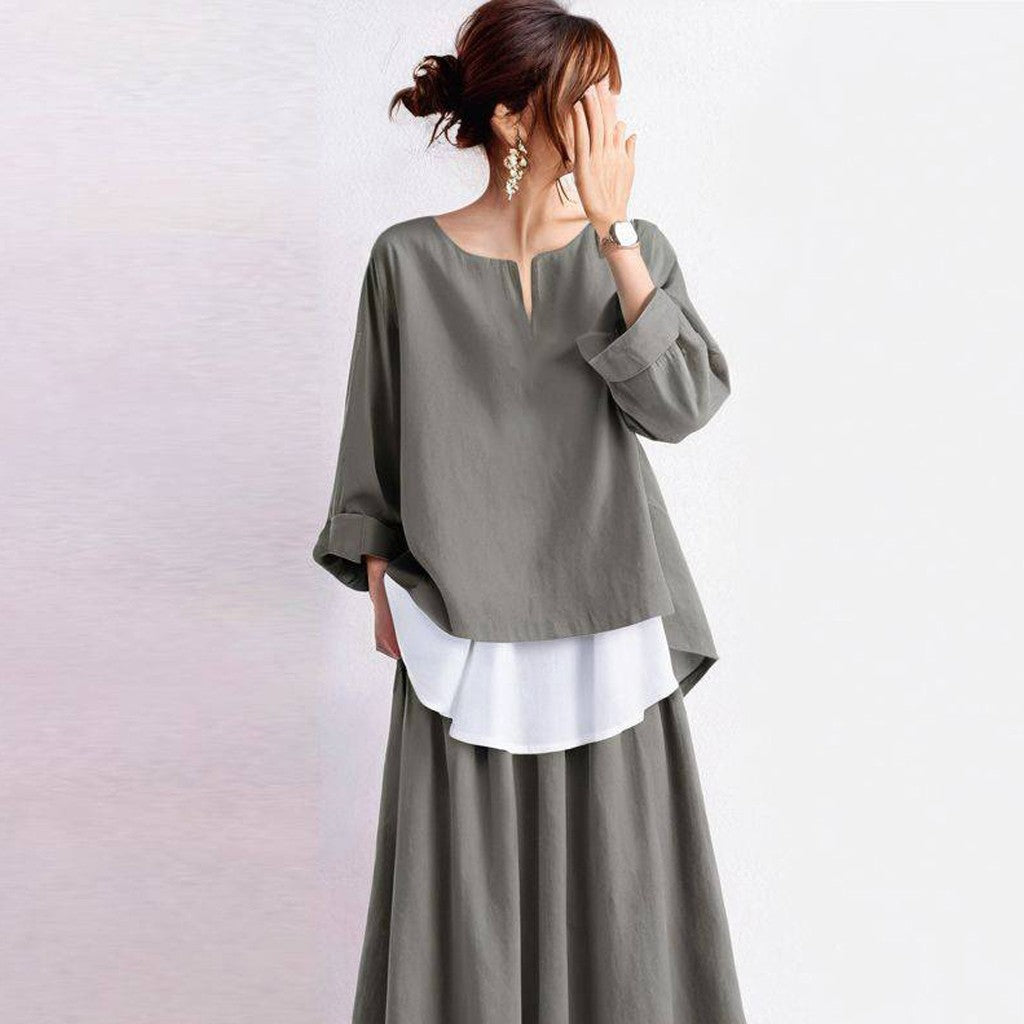 Japanese Style Round Neck Top and Skirt Set