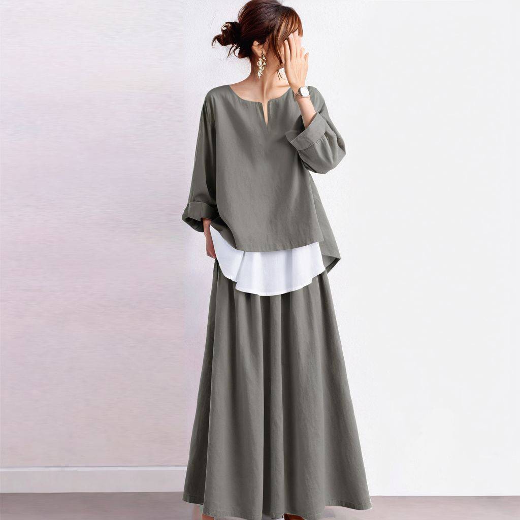 Japanese Style Round Neck Top and Skirt Set