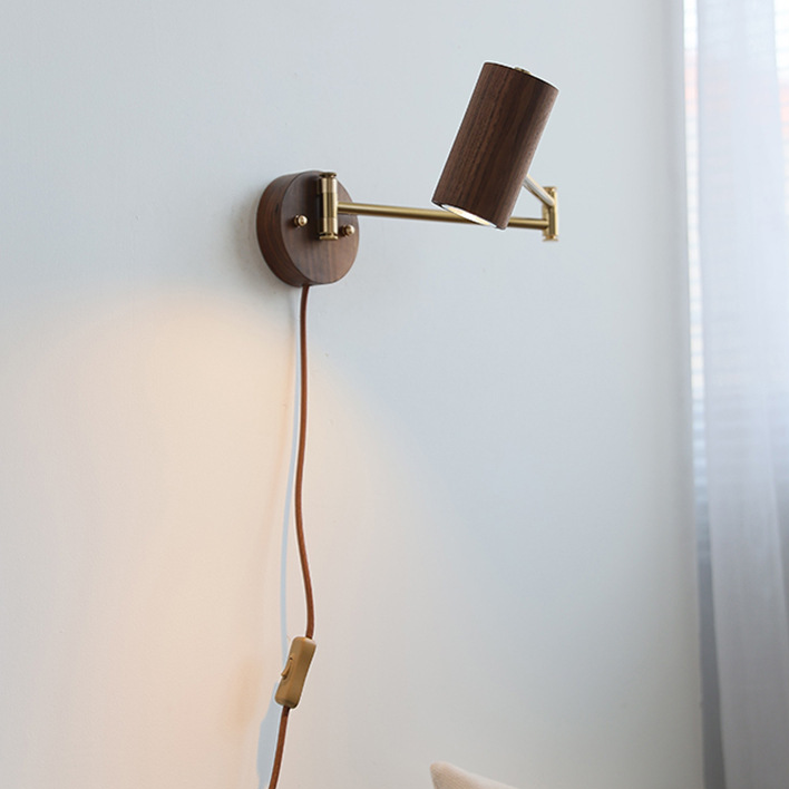 Japanese Style Swing Arm Wall Lamp with Wood Finish