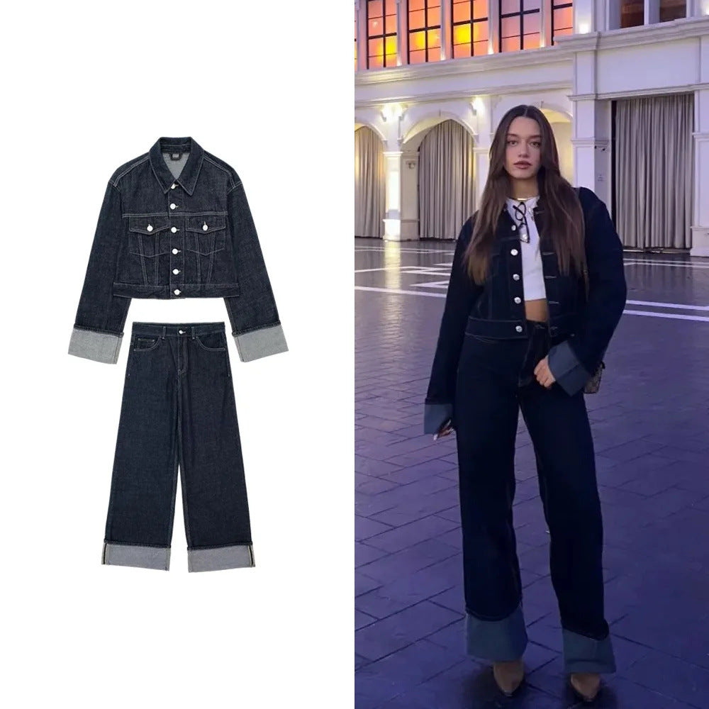 Jeans jacket with flared cuffs pants