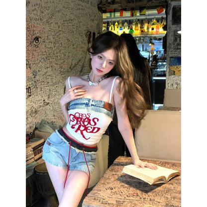 Jeans letter-printed halter top set with patchwork design