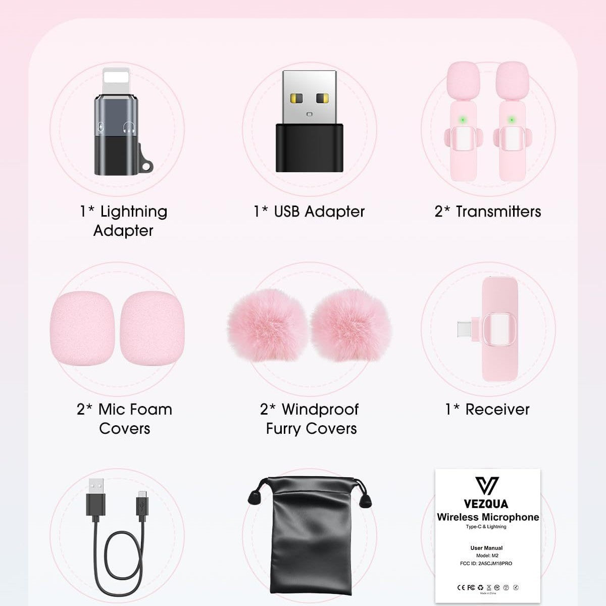 K9 Pink Wireless Lavalier Microphone with Noise Reduction