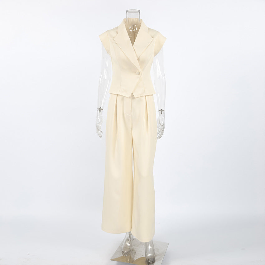 Khaki Sleeveless Blazer and Pants Set
