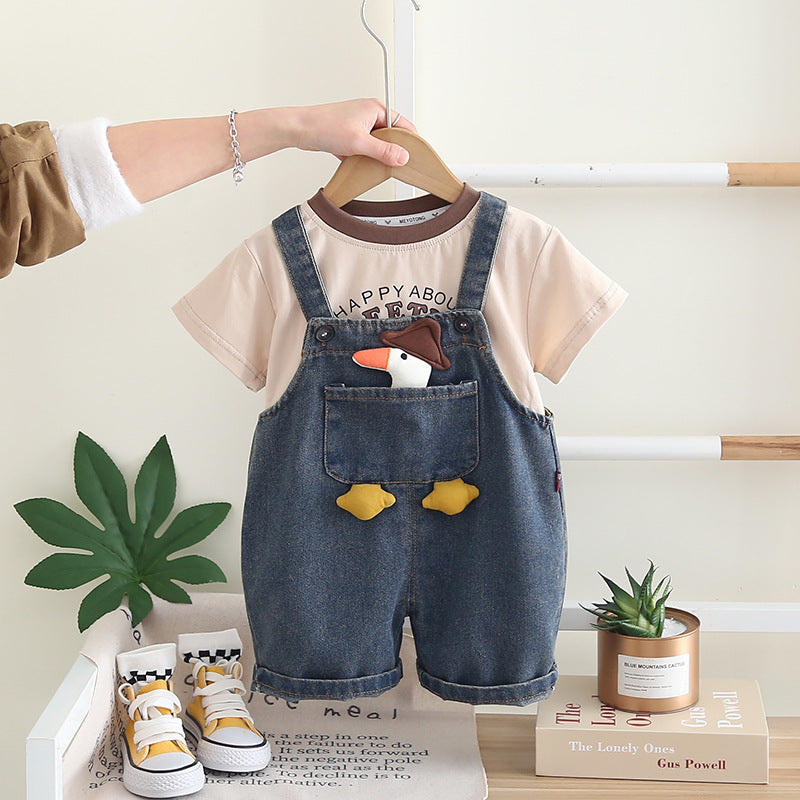 Kids Cartoon Denim Suspenders Shorts Set