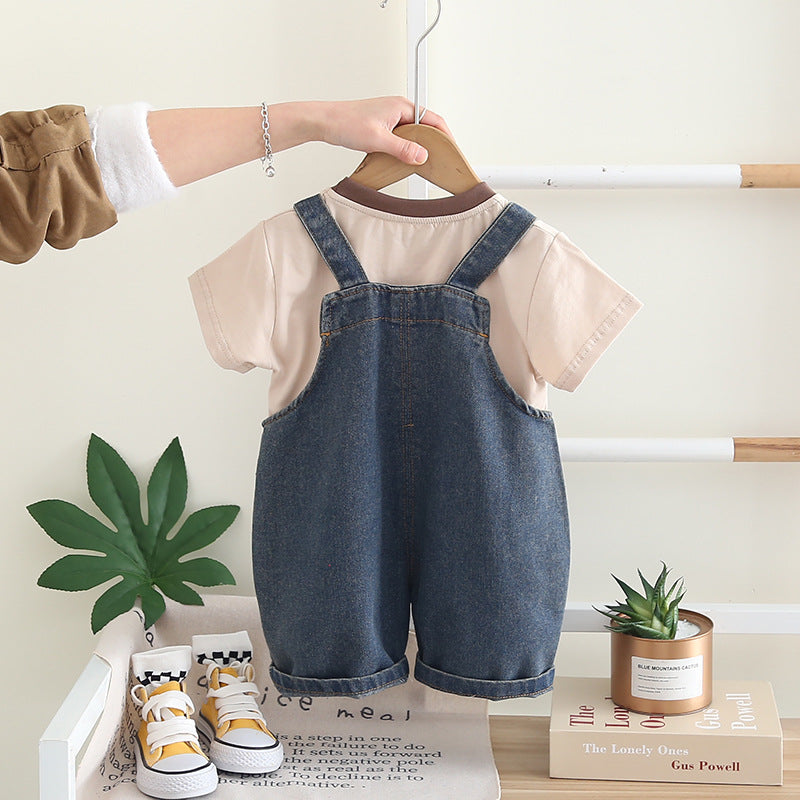 Kids Cartoon Denim Suspenders Shorts Set