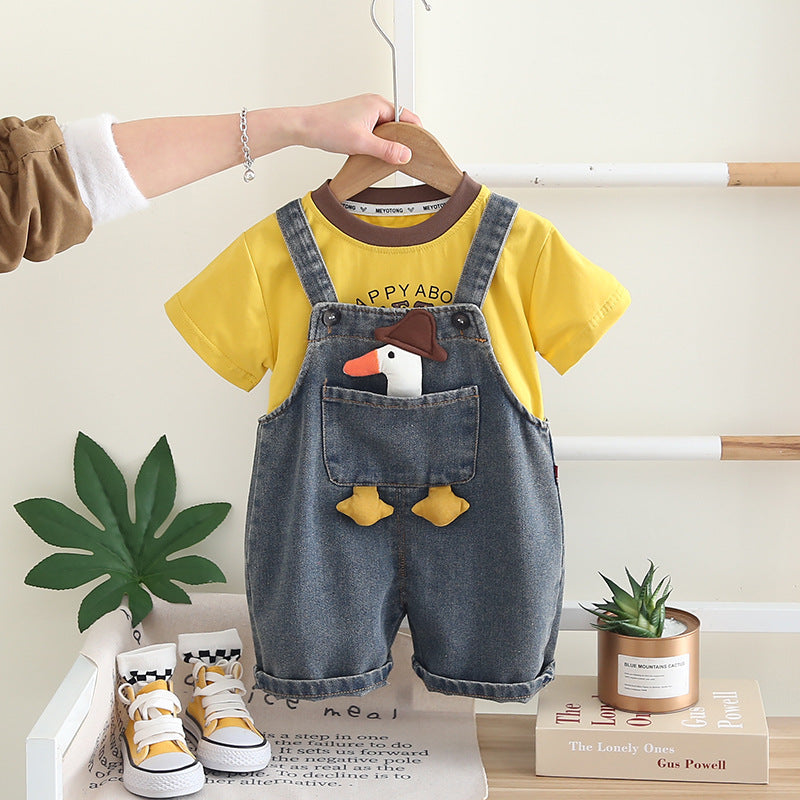 Kids Cartoon Denim Suspenders Shorts Set