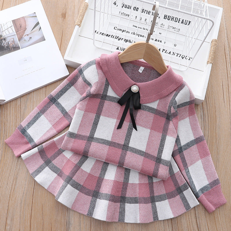 Kids Knitted Plaid Sweater and Skirt Set