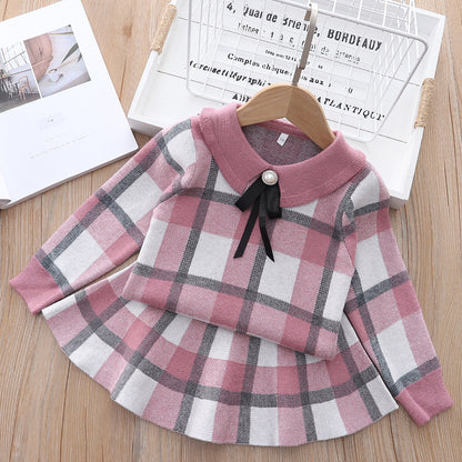 Kids Knitted Plaid Sweater and Skirt Set