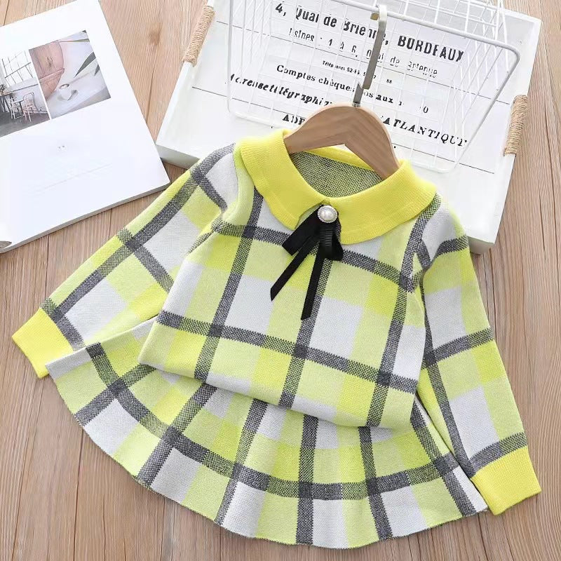 Kids Knitted Plaid Sweater and Skirt Set