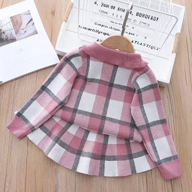 Kids Knitted Plaid Sweater and Skirt Set