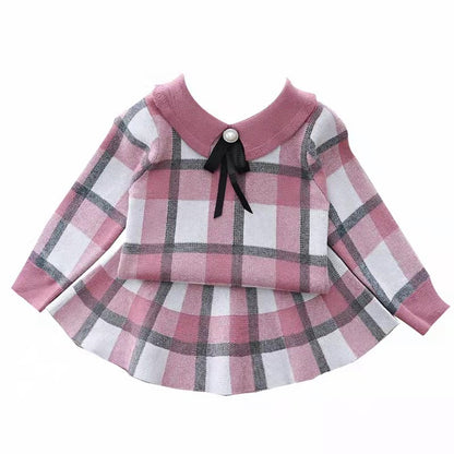 Kids Knitted Plaid Sweater and Skirt Set