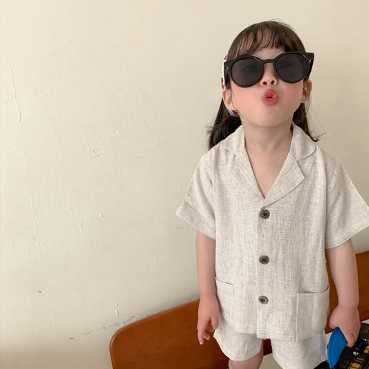 Kids Linen Short Sleeve Shirt and Shorts Two-Piece Set
