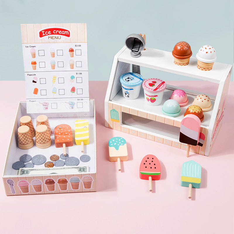 Kids Wooden Ice Cream Shop Pretend Play Set with Cashier