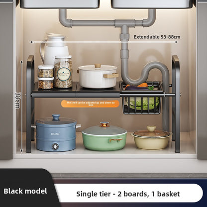 Kitchen Storage Rack, Extendable Cabinet Pot Storage Shelf, Under-Sink Storage Cabinet Organizer
