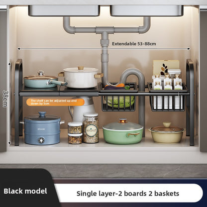 Kitchen Storage Rack, Extendable Cabinet Pot Storage Shelf, Under-Sink Storage Cabinet Organizer