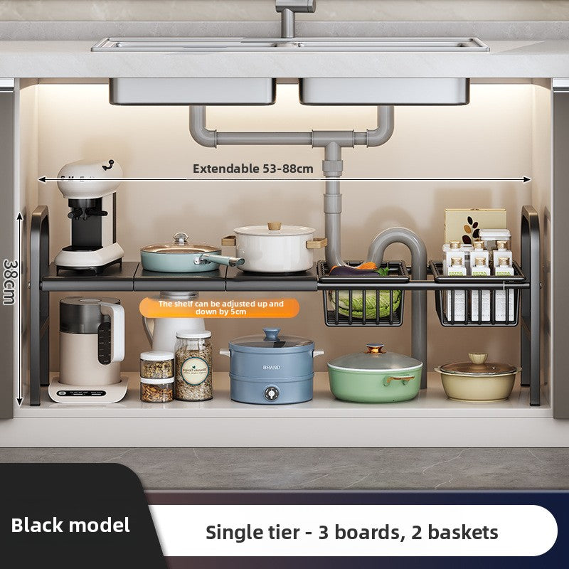 Kitchen Storage Rack, Extendable Cabinet Pot Storage Shelf, Under-Sink Storage Cabinet Organizer