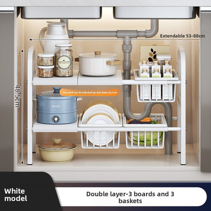 Kitchen Storage Rack, Extendable Cabinet Pot Storage Shelf, Under-Sink Storage Cabinet Organizer