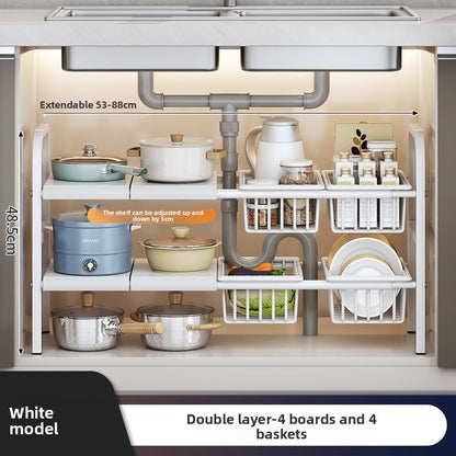 Kitchen Storage Rack, Extendable Cabinet Pot Storage Shelf, Under-Sink Storage Cabinet Organizer