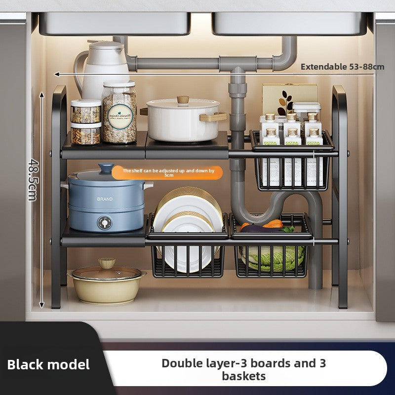Kitchen Storage Rack, Extendable Cabinet Pot Storage Shelf, Under-Sink Storage Cabinet Organizer