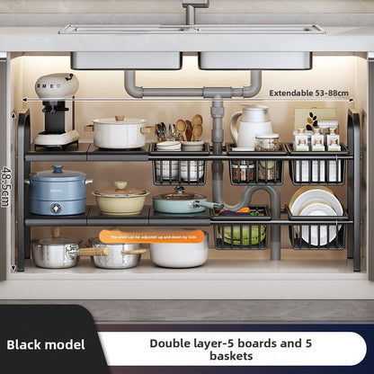 Kitchen Storage Rack, Extendable Cabinet Pot Storage Shelf, Under-Sink Storage Cabinet Organizer