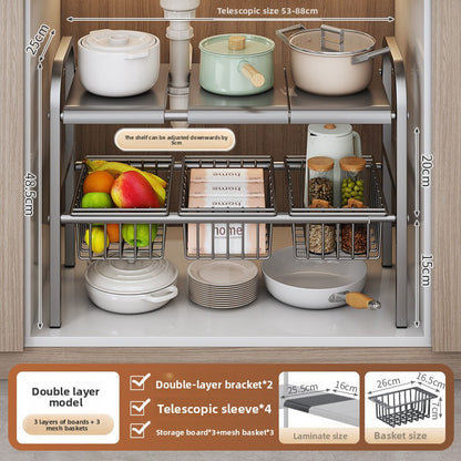 Kitchen Storage Rack, Extendable Cabinet Pot Storage Shelf, Under-Sink Storage Cabinet Organizer