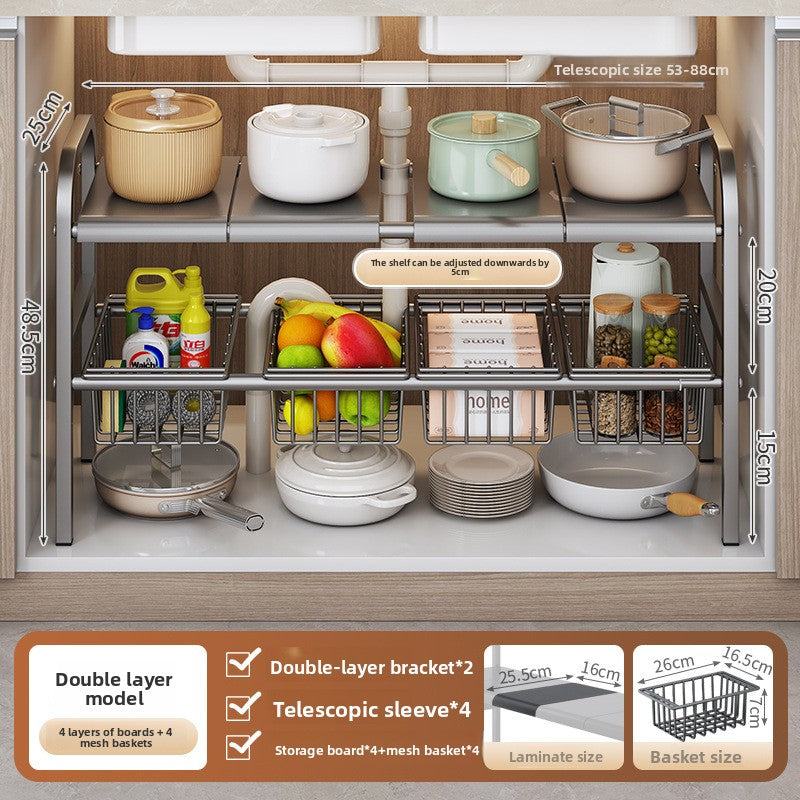 Kitchen Storage Rack, Extendable Cabinet Pot Storage Shelf, Under-Sink Storage Cabinet Organizer