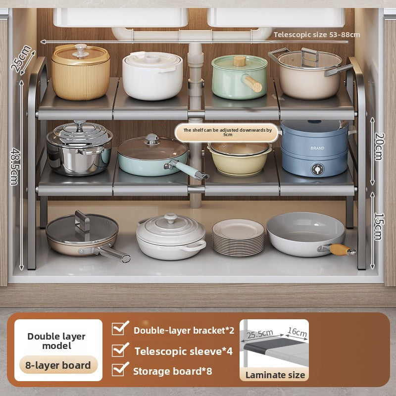 Kitchen Storage Rack, Extendable Cabinet Pot Storage Shelf, Under-Sink Storage Cabinet Organizer