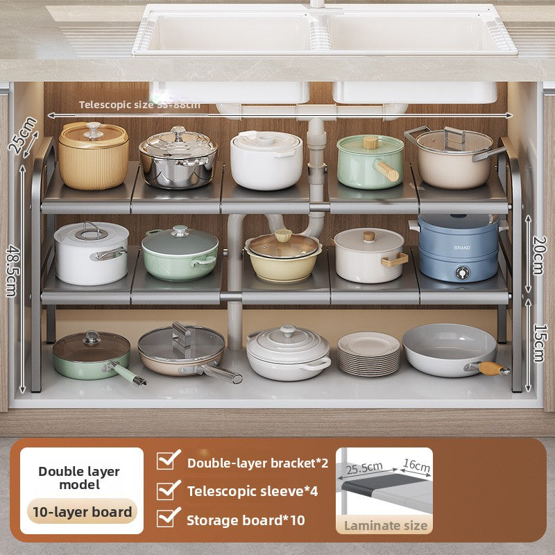 Kitchen Storage Rack, Extendable Cabinet Pot Storage Shelf, Under-Sink Storage Cabinet Organizer