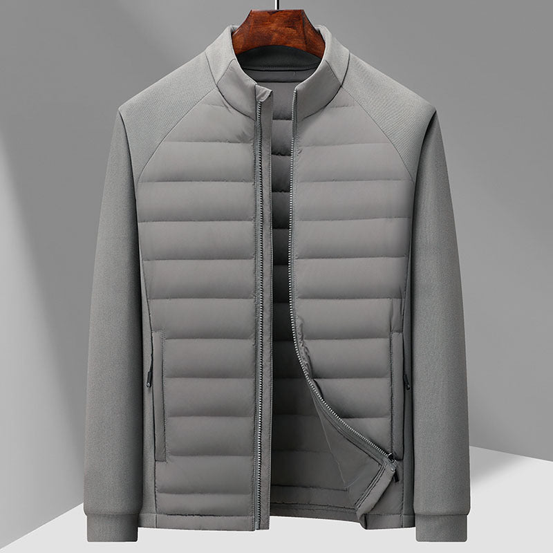 Knit Spliced Men's Down Jacket with Stand Collar