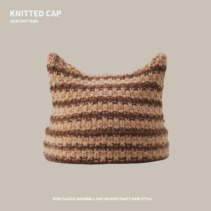 Knitted Cat Ear Striped Beanie