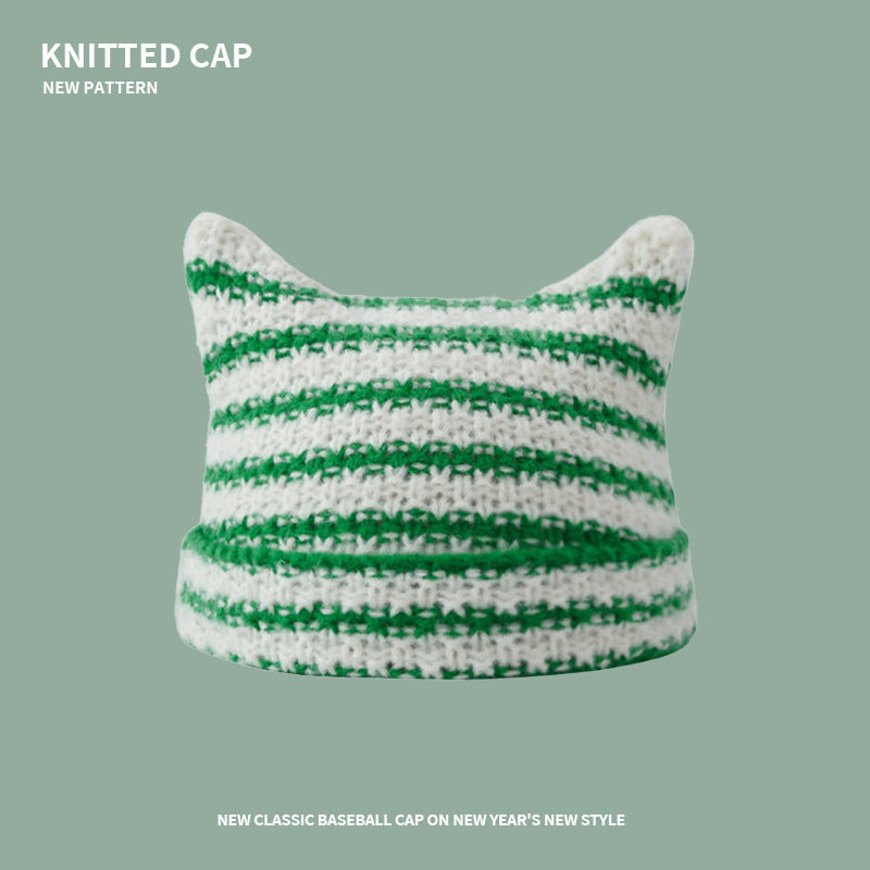 Knitted Cat Ear Striped Beanie