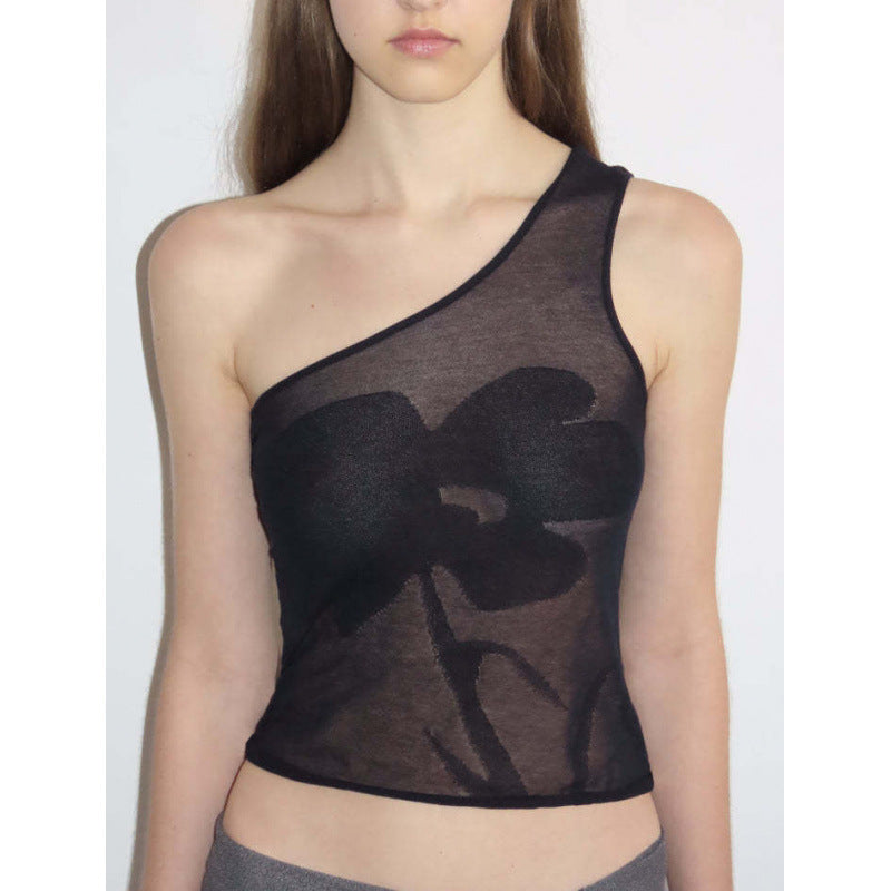 Knitted cotton jacquard single-shoulder see-through flower crossshoulder back