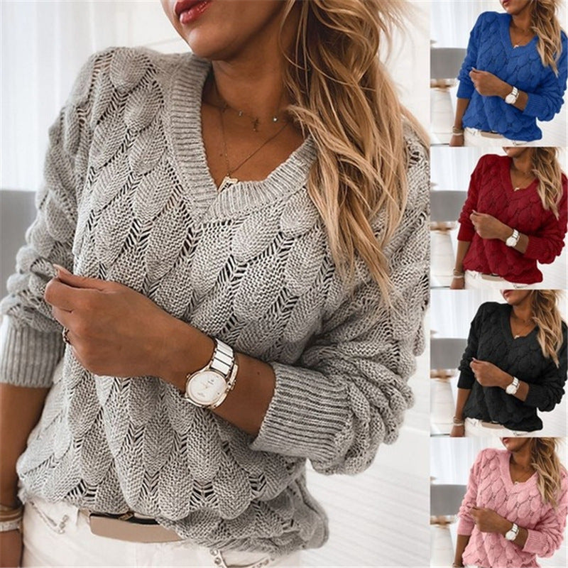 Knitted Feather Cut Out V Neck Long Sleeve Sweater